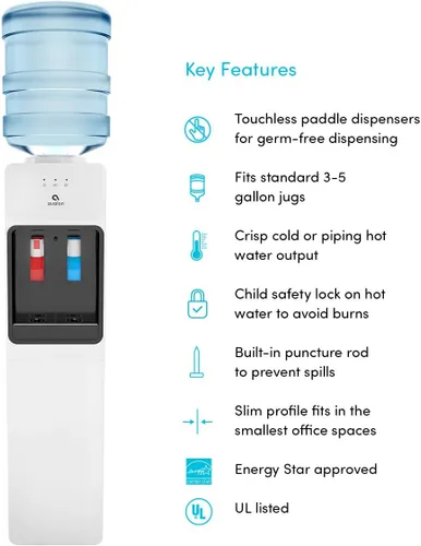 Vista 8 de Avalon despachador/refrigerador de agua con carga superior – Agua fría y caliente, con seguridad para niños, diseño innovador. Capacidad