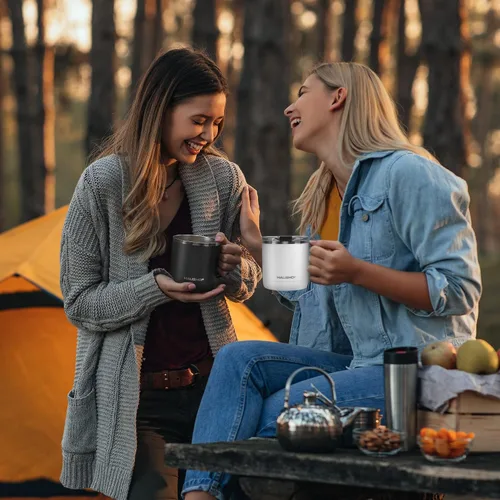 Vista 6 de HAUSHOF Taza de café de 14 onzas, taza de café aislada con asa, taza de viaje para camping, taza de café portátil de acero inoxidable, tazas de café