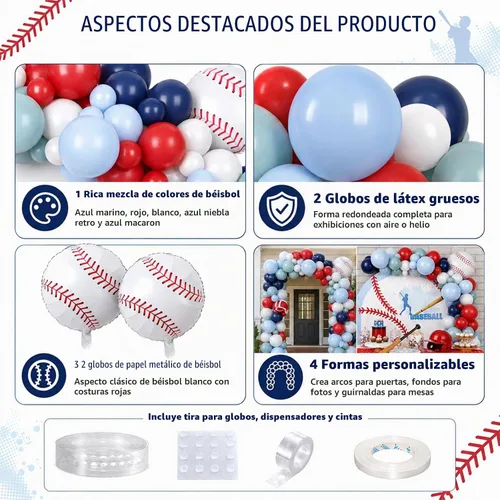 Vista 8 de FunHot Kit de guirnalda de arco de globos de béisbol, guirnalda de globos azul marino y rojo con globos blancos, globos de papel de aluminio de Azul