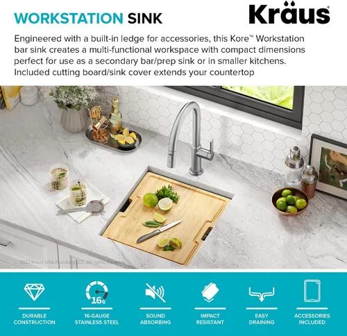 Vista 4 de KRAUS Kore KWU1101-17-PGM - Fregadero de cocina con estación de trabajo de 17 pulgadas con cuenco individual en PVD, de acero inoxidable de calibre