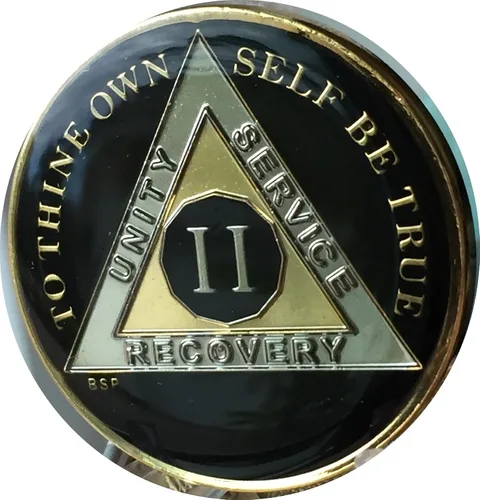 Vista 4 de Blue Star Press 2 años Classic Black AA Medallion Sobriety Chip Tri Plate chapado en oro y níquel