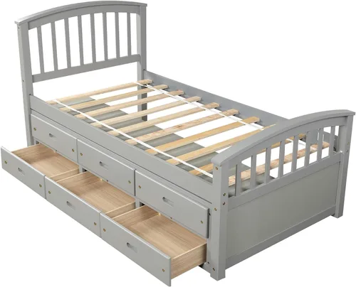 Vista 4 de Harper & Bright Designs Cama de almacenamiento de plataforma de tamaño individual, cama capitanes de madera maciza con 6 cajones, no necesita somier