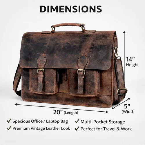 Vista 3 de cuero Bolso de mensajero retro marrón para computadora portátil, maletín de oficina, bolsa de viaje cruzada para hombres y mujeres, bolsa de oficina