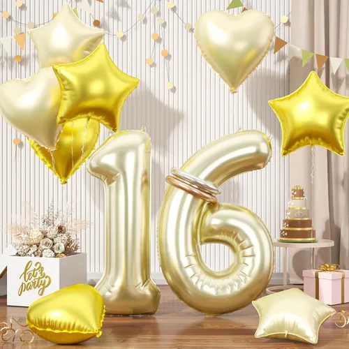 Vista 66 de Globos dorados de color champán con el número 11, globos de oro claro, globo de aluminio dorado con forma de corazón con estrella y globo largo