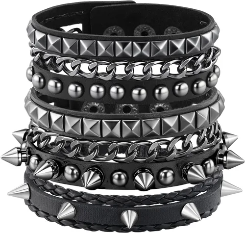 Vista 13 de Eigso Pulseras de cuero punk para hombres y mujeres, estilo retro de los años 80, hematita y rock, juego de pulseras de metal ajustables para hombre