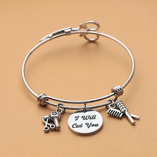 Vista 3 de HOLLP Pulsera extensible para peluquería para estilista de peluquería, regalo con texto en inglés "I Will Cut You", joyería de peluquería con peine