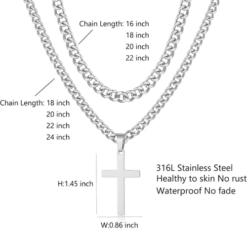 Vista 3 de SENRAN Collar de cruz en capas para hombres y niños, cadena de eslabones cubanos en capas de acero inoxidable de 16 a 24 pulgadas, colgante de cruz