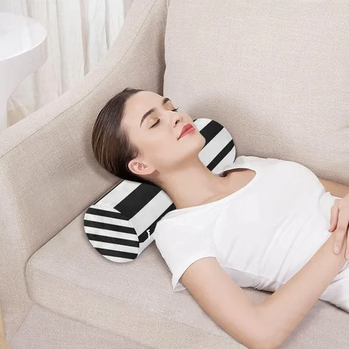 Vista 5 de Almohada redonda con funda a rayas blancas y negras para el cuello, almohada cervical, soporte de cuello de espuma viscoelástica para dormir