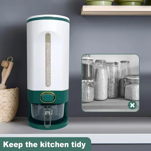 Vista 6 de LUOKER Dispensador de arroz, almacenamiento de arroz de 25 libras con taza medidora, recipiente de arroz blanco y verde con un solo toque