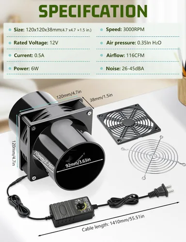 Vista 2 de Ventilador de escape de 4.724 in x 1.496 in 12 V con extractor