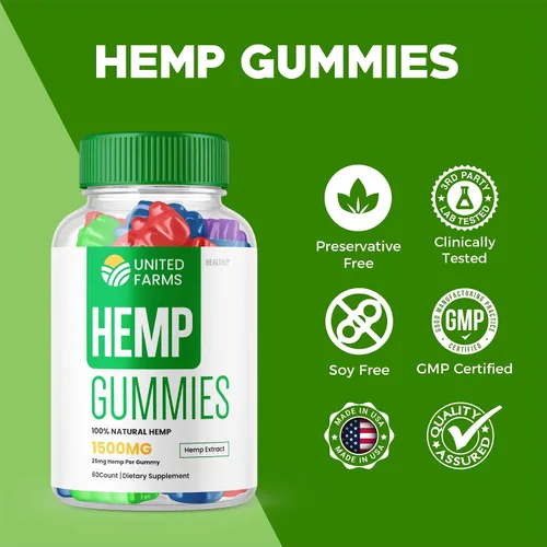 Vista 2 de United Farms - Gomitas de cáñamo United Farms de 500 mg - Gomitas UnitedFarms con extracto de cáñamo, suplemento de fórmula avanzada de mezcla