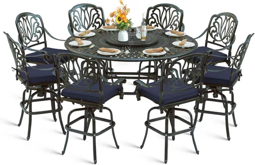 Vista 28 de Juego de barra para exteriores de 10 piezas, muebles de bar de aluminio fundido para todo tipo de clima con 8 taburetes de bar giratorios Bronce