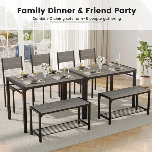 Vista 6 de JUMMICO Juego de mesa de comedor de 43.3 pulgadas para 4, mesa de cocina con banco y 2 sillas, moderno marco de metal rectangular, juego de muebles