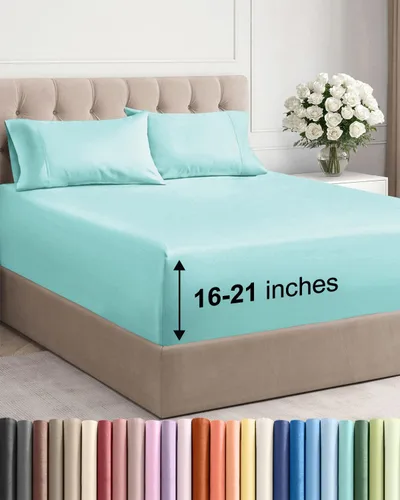 Vista 57 de Juego de sábanas tamaño Queen con bolsillos extra profundos, sábanas transpirables y refrescantes de 4 piezas, ropa de cama de lujo para hotel
