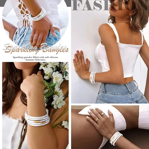 Vista 3 de MJartoria - Juego de pulseras de gelatina con purpurina Pulseras de silicona con relleno de gelatina y purpurina para mujeres