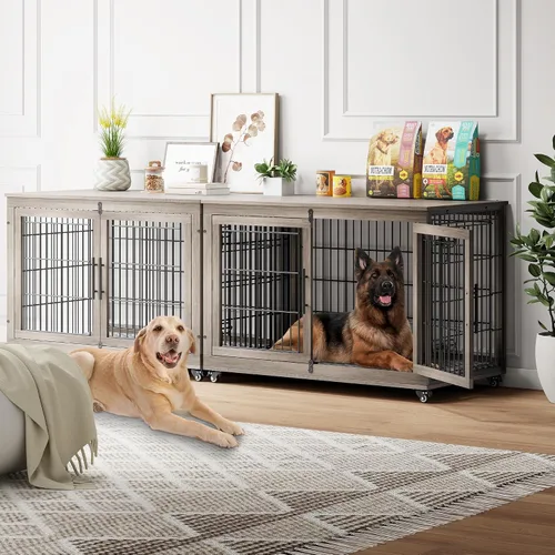 Vista 26 de YaFiti Mueble de jaula para perros con cojín, perrera de madera para interiores con puertas dobles, jaula para perros con ruedas, mesa auxiliar