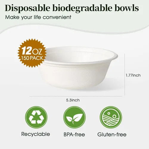 Vista 2 de ECOLipak Paquete de 150 cuencos de papel desechables de 12 onzas, cuencos biodegradables compostables de alta resistencia, hechos de bagazo natural