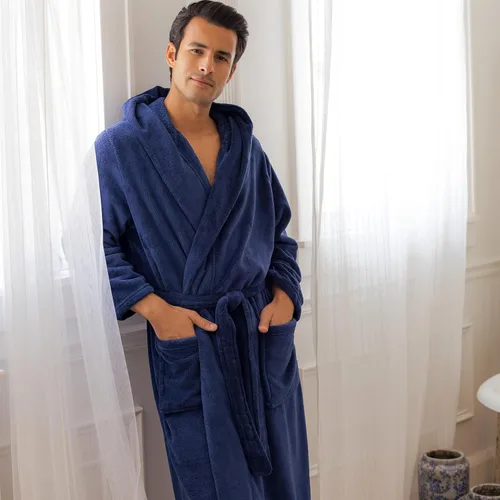 Vista 3 de Alexander Del Rossa Bata de baño de vellón afelpado suave, con capucha, para hombre, bata larga y cálida