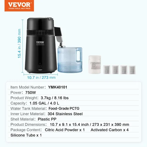 Vista 7 de VEVOR Destilador de agua, destilación de agua pura de 4 l/1.05 galones para encimera del hogar, máquina de agua destilada de 750 W, destilador