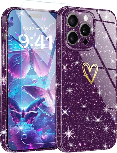 Vista 8 de Funda para iPhone 15, purpurina transparente con [1 protector de pantalla de vidrio templado] Funda protectora delgada y suave de silicona