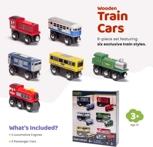 Vista 4 de Maxim Enterprise Juego de 6 vagones de tren de madera – Locomotora/tren clásico rodante motores compatibles con Thomas Wooden Railway, Brio y otros