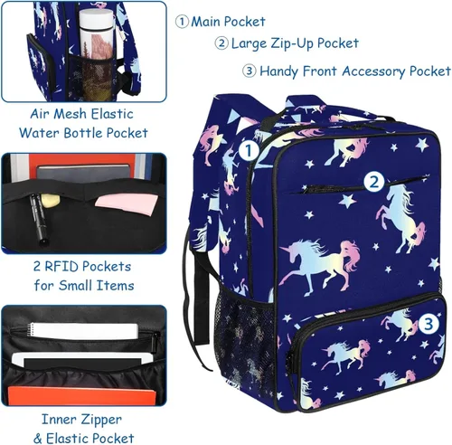 Vista 3 de PDFAFO Mochila para niños y niñas, bolsas escolares para jardín de infantes, primaria, regreso a la escuela, viajes, 15 pulgadas, Arcoíris