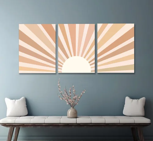 Vista 8 de YokiMino Juego de 3 arte bohemio para pared, lienzo enmarcado moderno de mediados de siglo, diseño de líneas geométricas de naturaleza para sala