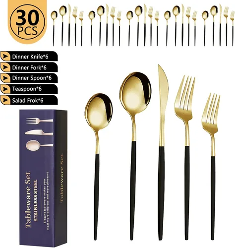 Vista 9 de Kawlity Cubiertos de acero inoxidable duraderos negros y dorados pulidos, cucharas, tenedores, 30 piezas, utensilios de mesa, para cocina