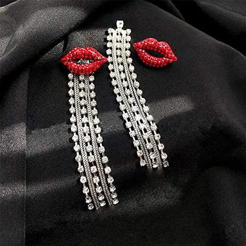 Vista 5 de QTMY Pendientes brillantes de diamantes rojos con borlas de diamantes de imitación para mujer
