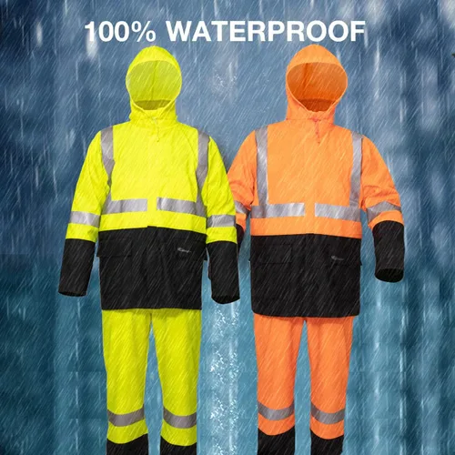 Vista 7 de HAOKAISEN Traje de lluvia para hombre, resistente al agua, alta visibilidad, reflectante, chaqueta de lluvia con pantalones de babero