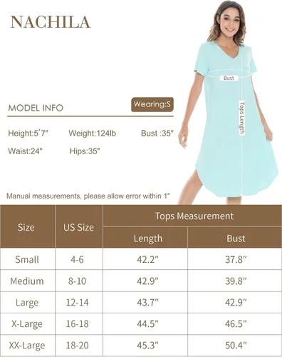 Vista 2 de NACHILA Camisones para mujer, viscosa hecha de bambú, cuello en V, manga corta, ropa de dormir fresca