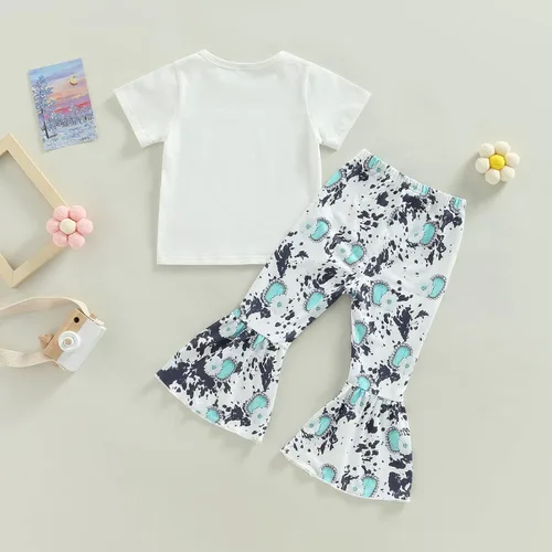 Vista 84 de fhutpw Conjunto de camiseta de manga corta con estampado de vaca y pantalones acampanados de dibujos animados para niñas