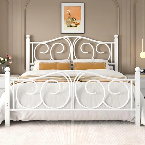 Vista 13 de VECELO - Marco de cama con dosel doble, cabecera vintage con voluta, color negro mate Twin canopy bed frame, Scrollwork metal headboard, Sturdy