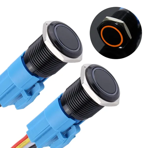 Vista 21 de 2 piezas de interruptor de botón de cierre antivandálico de metal impermeable de 0.630 in, carcasa negra autobloqueante con enchufe precableado