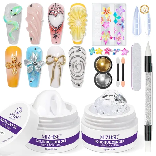 Vista 10 de MIZHSE Gel constructor sólido para uñas, arte de uñas 3D transparente y blanco perla, gel duro de construcción no pegajoso con bolígrafo de silicona