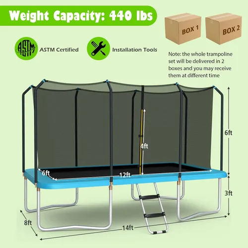Vista 3 de Giantex Trampolín rectangular de 8 pies x 14 pies con certificación ASTM con recinto, escalera, marco de acero galvanizado de doble cara, carga