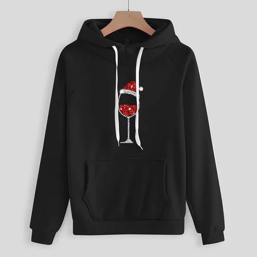 Vista 4 de Conjunto de dos piezas estampado navideño para mujer sudadera con capucha y cordón manga larga pantalones chándal traje
