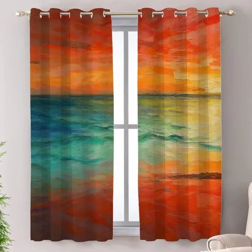 Vista 106 de Shrahala Beige and Orange Abstract Art Brushstrokes Blackout Curtain Tiers, Abstract Oil Paint Kitchen Valance Light Blocking Tier Drapes with Rod