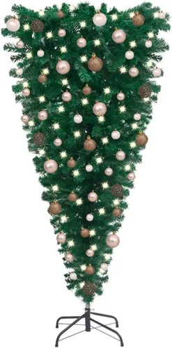 Vista 10 de Árbol de Navidad artificial verde al revés de 5 pies con 150 luces LED y bolas de Navidad doradas, árbol de Navidad artificial completo