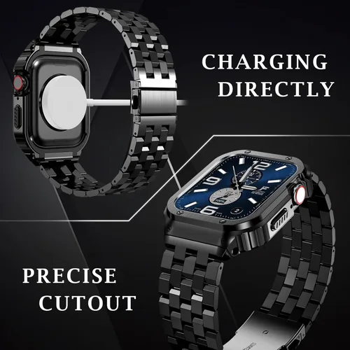 Vista 2 de SUPLINK Estuche de acero inoxidable y correa compatible con Apple Watch de 41 mm, 40 mm, 38 mm, protector de goma resistente para iWatch Apple Watch