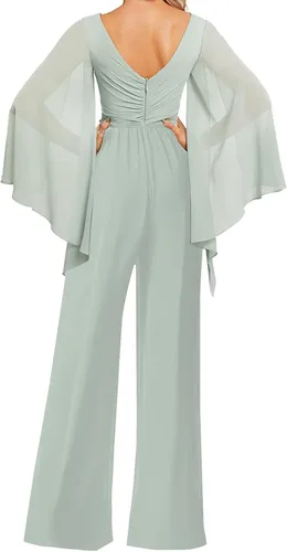 Vista 2 de JAEDEN Dama De Honor Pantalones De Gasa Monos - Dama De Honor Manga Larga Cuello