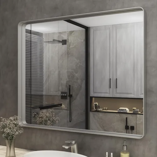 Vista 16 de ISKM Espejo con marco negro para pared de 20 x 16 pulgadas, espejo de tocador de baño antioxidante, vidrio templado, espejo rectangular redondeado