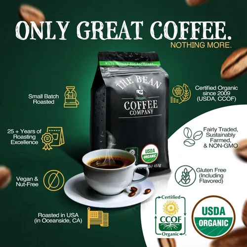 Vista 4 de The Bean Organic Coffee Company Aloha Bean (avellana hawaiana), tostado medio, café en grano entero, bolsas de 16 onzas (paquete de 2)