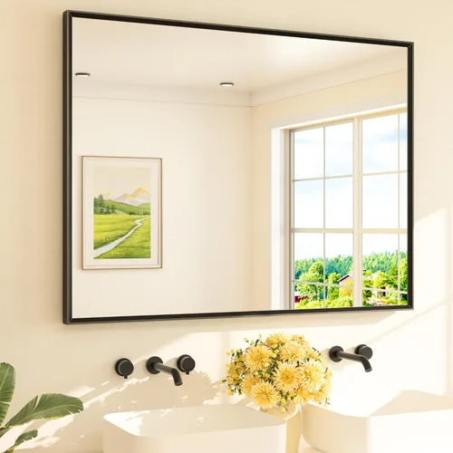Vista 53 de TETOTE Espejo de baño dorado cepillado de 20" x 30", espejo de tocador de baño rectangular de latón dorado cepillado con marco biselado para sobre
