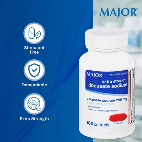 Vista 5 de MAJOR Docusate Sodium 250 mg, laxante suavizante de heces extra fuerte para alivio ocasional del estreñimiento, sin estimulantes, 100 cápsulas