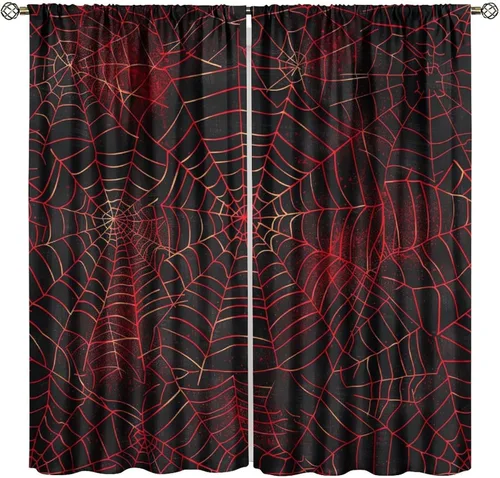 Vista 14 de Cortinas opacas de tela de araña aterradora para niños, tela de araña en blanco y negro, fondo rojo, dormitorio de niños, guardería, decoración