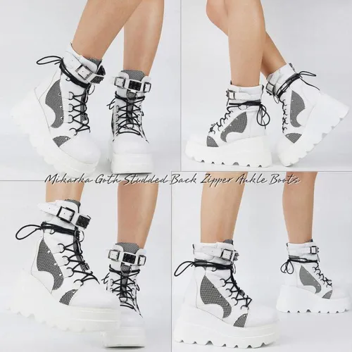 Vista 2 de mikarka Botas de plataforma holográfica para mujer con cordones hebilla con tachuelas góticas apiladas botas de combate