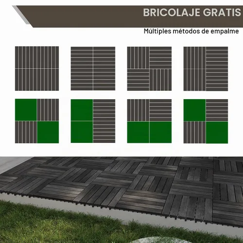 Vista 7 de PrimeZone - 9 azulejos entrelazados de madera de acacia sólida para terraza, patio, 12 x 12 pulgadas, impermeables, para interiores y exteriores