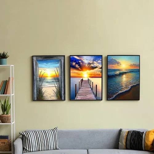 Vista 8 de Paquete de 6 kits de pintura de diamantes para adultos principiantes, juegos de arte de diamantes de playa 5D, pintura de amanecer redonda completa