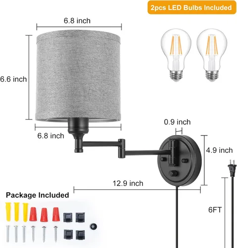 Vista 5 de GOODATE Apliques de pared regulables, lámpara de pared con brazo oscilante, juego de dos apliques de pared, lámpara de pared enchufable, juego de 2